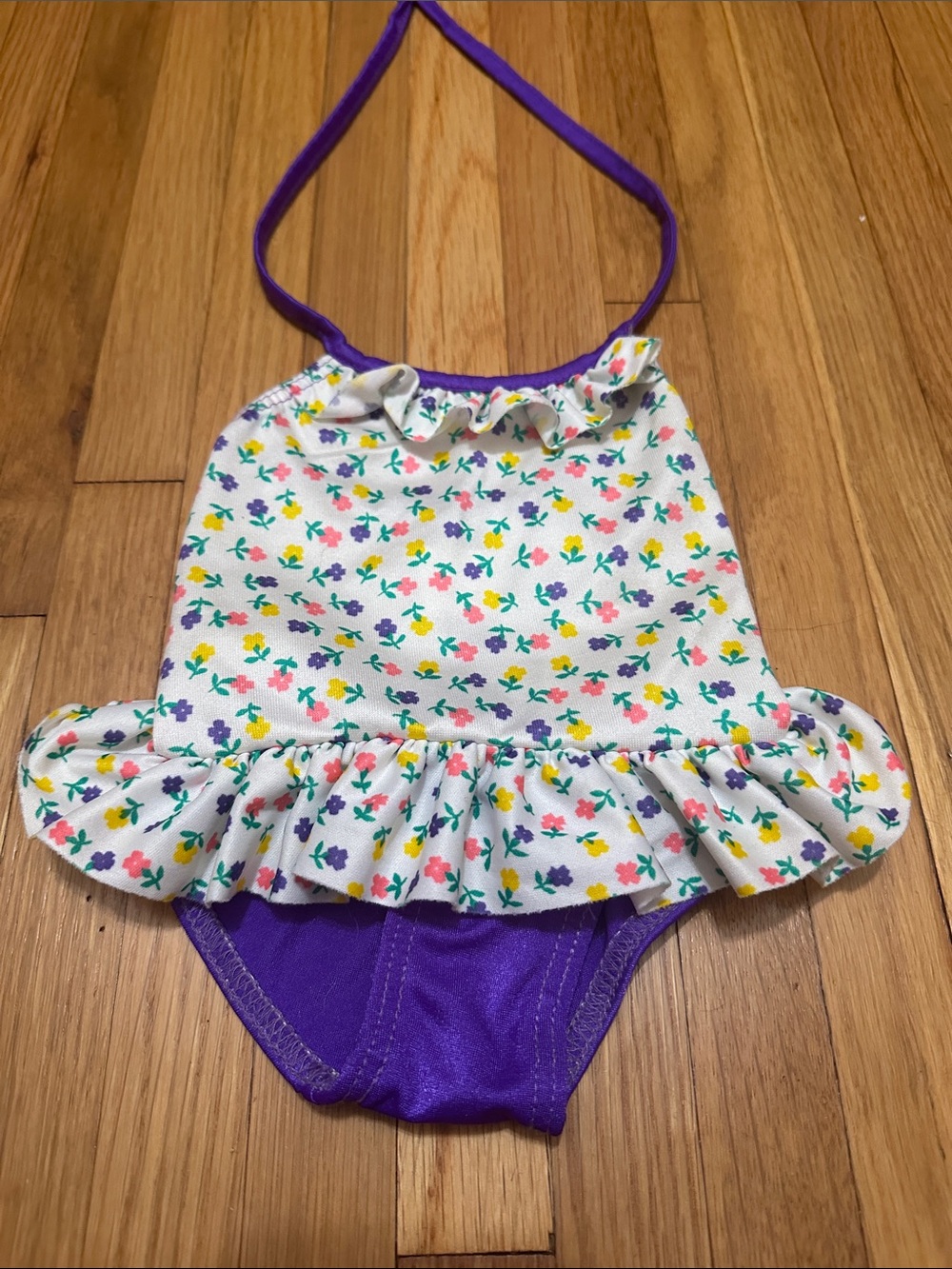 Girls Floral Ruffle Halter One-Piece Swimsuit in Purple and White
